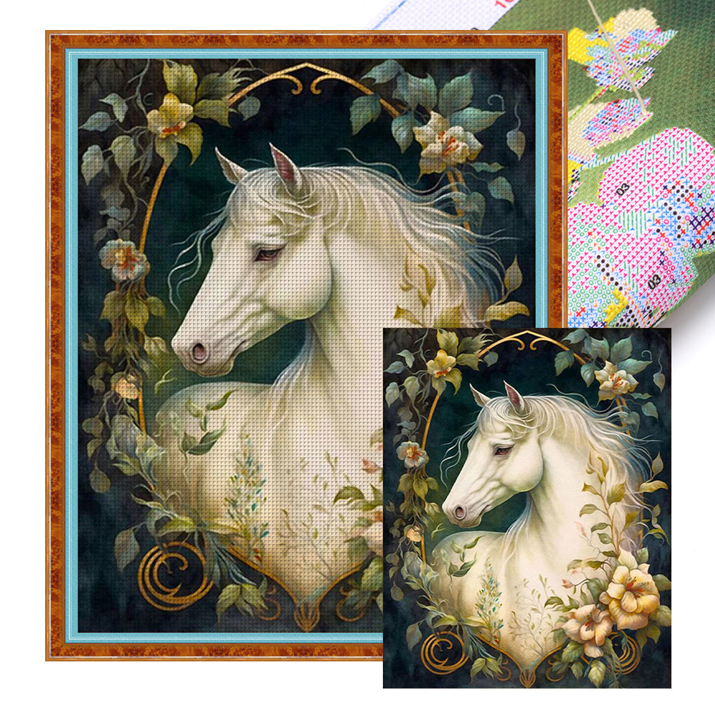 Flowers And White Horses - 11CT Stamped Cross Stitch 50*60CM