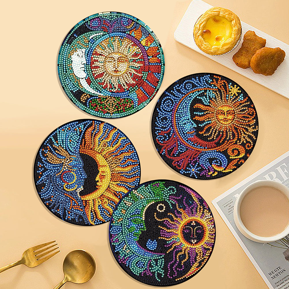 4PCS Wooden Diamond Painted Placemats for Dining Table Decor (Sun and Moon)