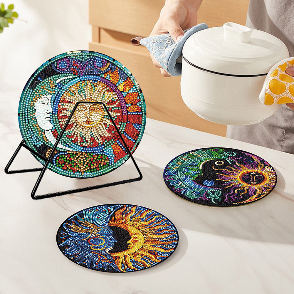 4PCS Wooden Diamond Painted Placemats for Dining Table Decor (Sun and Moon)