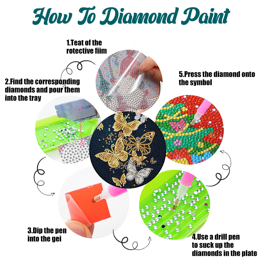 4PCS Wooden Diamond Painted Placemats for Dining Table Decor(Graceful Butterfly)