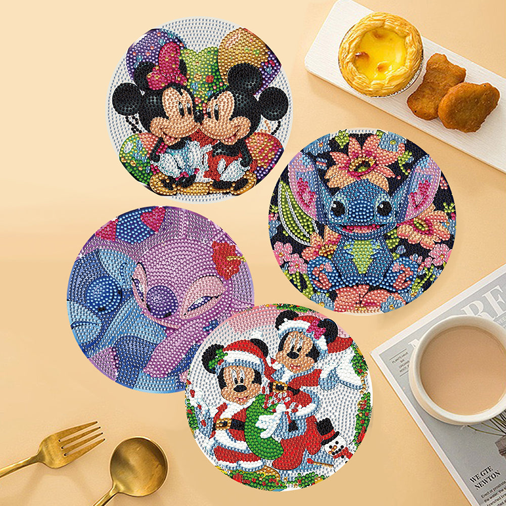 4PCS Wooden Diamond Painted Placemats for Dining Table Decor(Disneyland Cartoon)