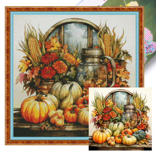 Pumpkin Corn Flowers - 11CT Stamped Cross Stitch 50*50CM