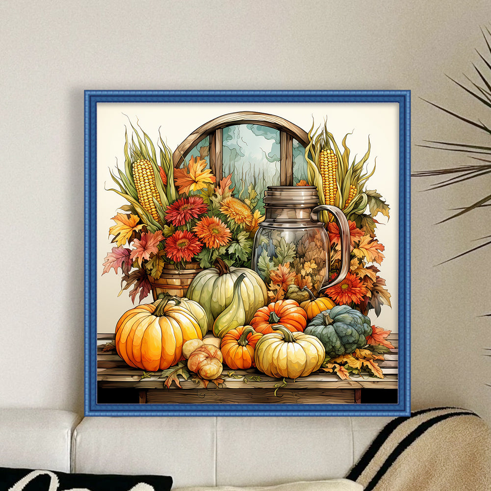 Pumpkin Corn Flowers - 11CT Stamped Cross Stitch 50*50CM