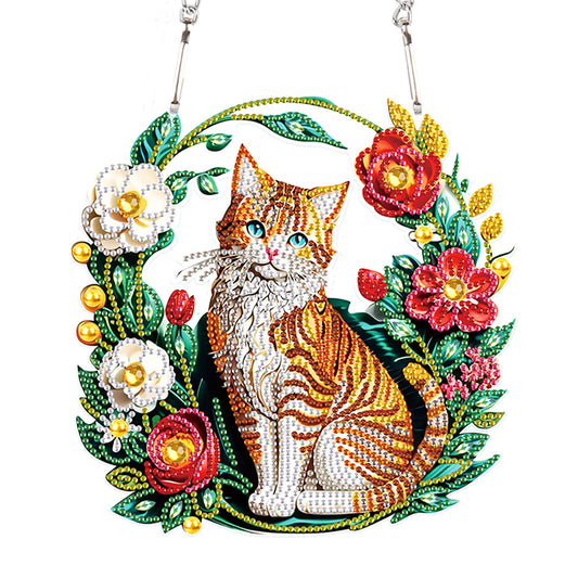 Special Shaped+Round Diamond Painting Wall Decor Wreath (Orange Cat and Flower)