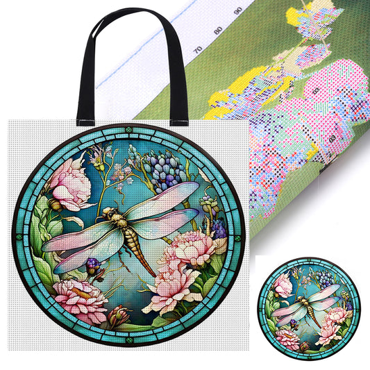 Embroidery Kit Stained Glass Dragonfly Cross Stitch Canvas Tote Bag 40x40cm