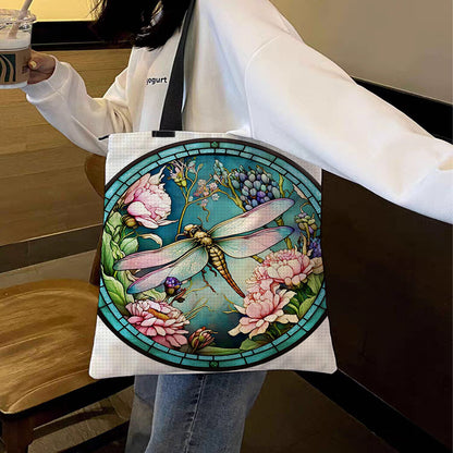Embroidery Kit Stained Glass Dragonfly Cross Stitch Canvas Tote Bag 40x40cm