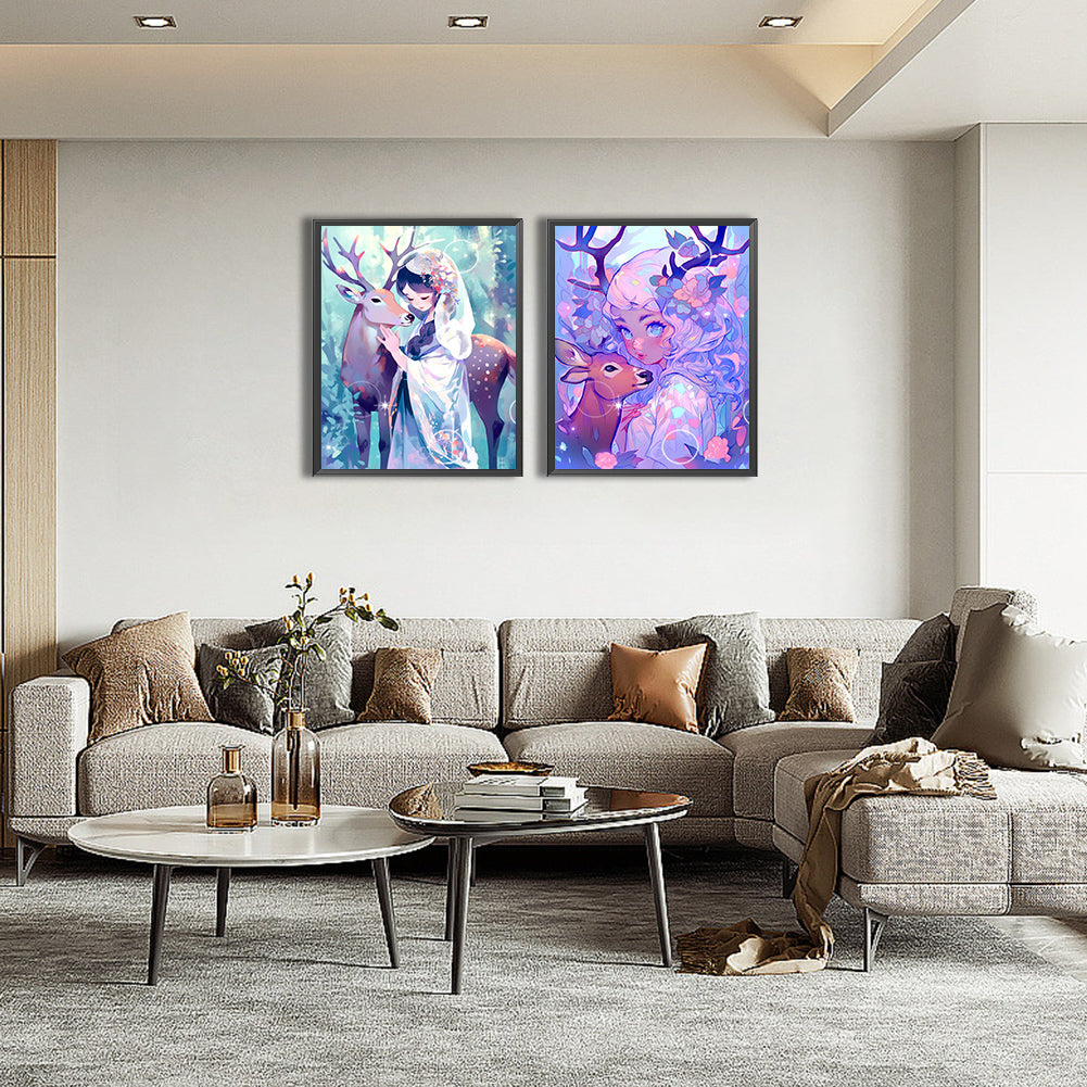 Deer And Girl - Full Round Drill Diamond Painting 40*50CM