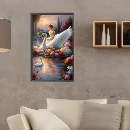 Swan And Girl - Full Round AB Drill Diamond Painting 30*50CM