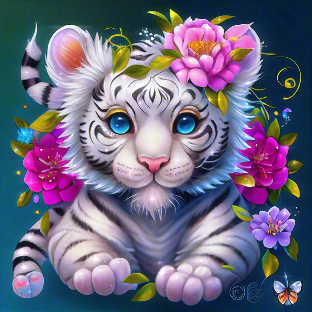 Flower And Little White Tiger - Full Round AB Drill Diamond Painting 40*40CM