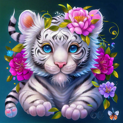 Flower And Little White Tiger - Full Round AB Drill Diamond Painting 40*40CM