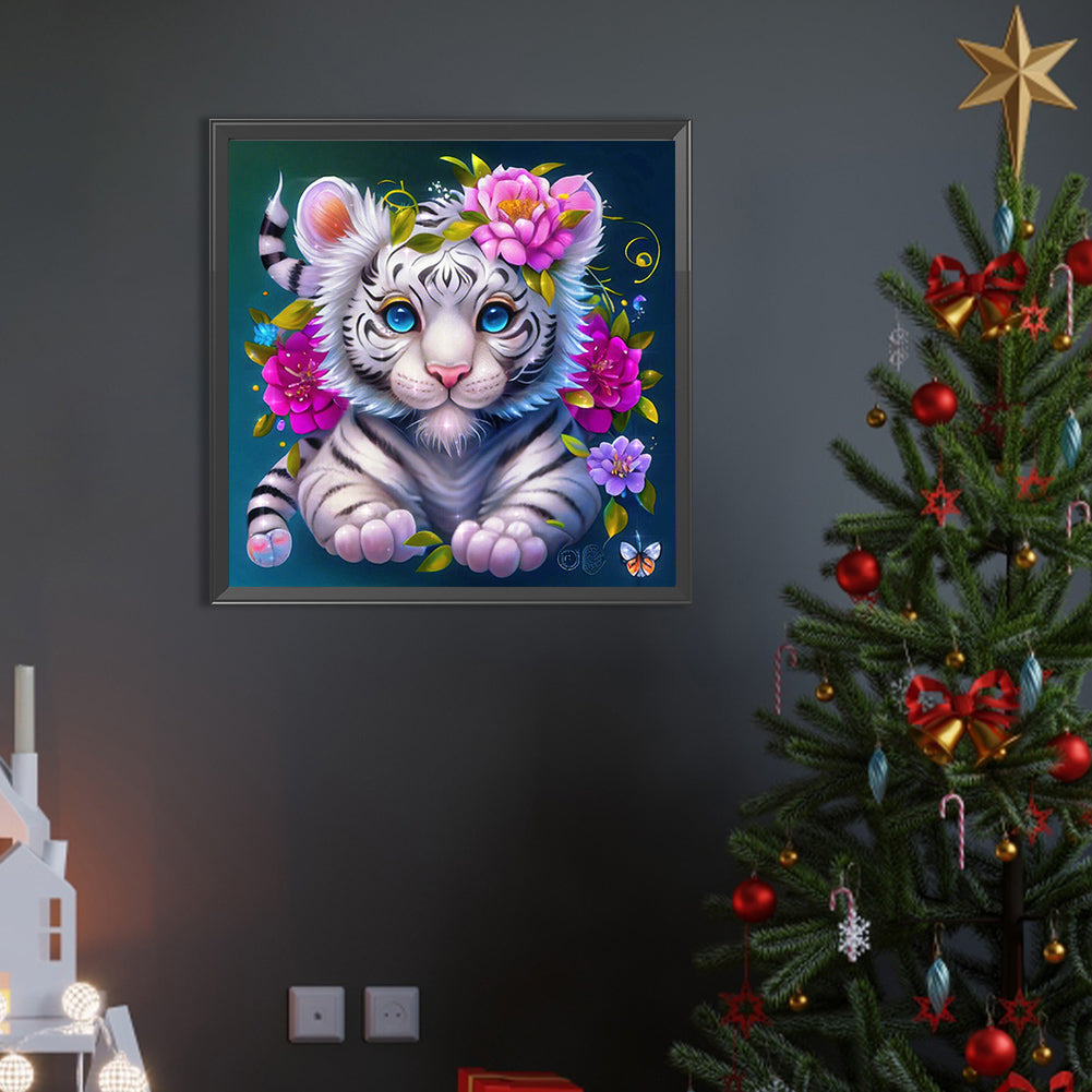 Flower And Little White Tiger - Full Round AB Drill Diamond Painting 40*40CM