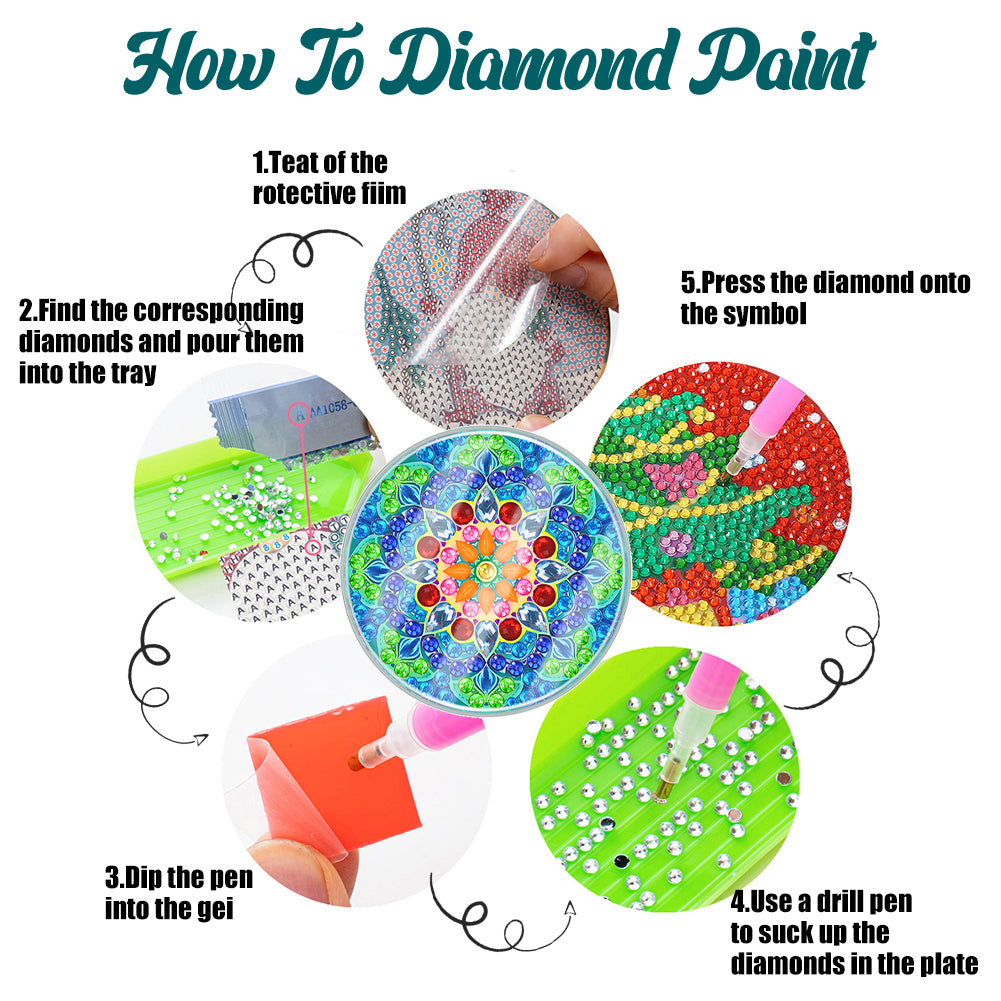 6PCS Acrylic Washable Diamond Painting Crafts Coaster with Holder (Mandala #2)