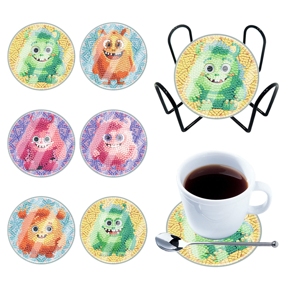 6PCS Acrylic Washable Diamond Painting Crafts Coaster with Holder(Small Monster)