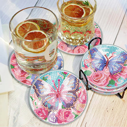 6PCS Acrylic Washable Diamond Painting Crafts Coaster with Holder (Butterfly)