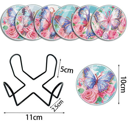 6PCS Acrylic Washable Diamond Painting Crafts Coaster with Holder (Butterfly)