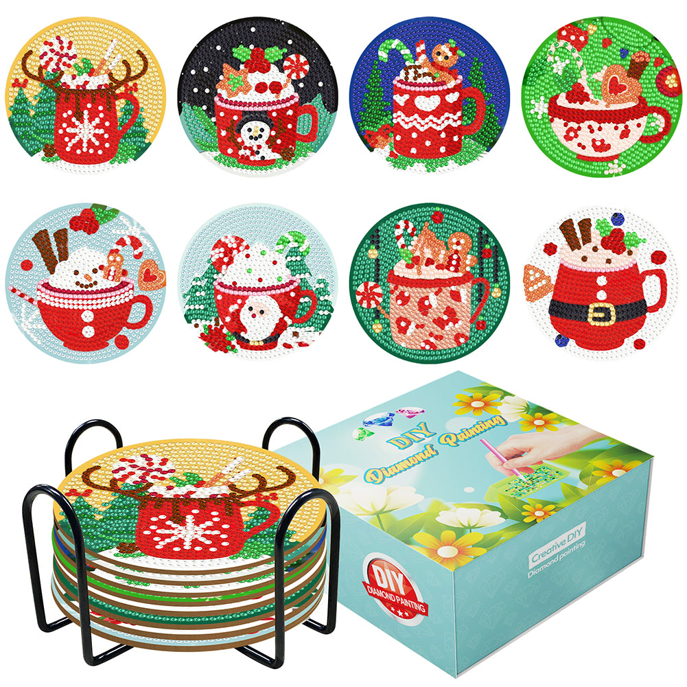 8PCS Christmas Paper Diamond Painting Art Coaster Kit with Holder for Adults(#1)