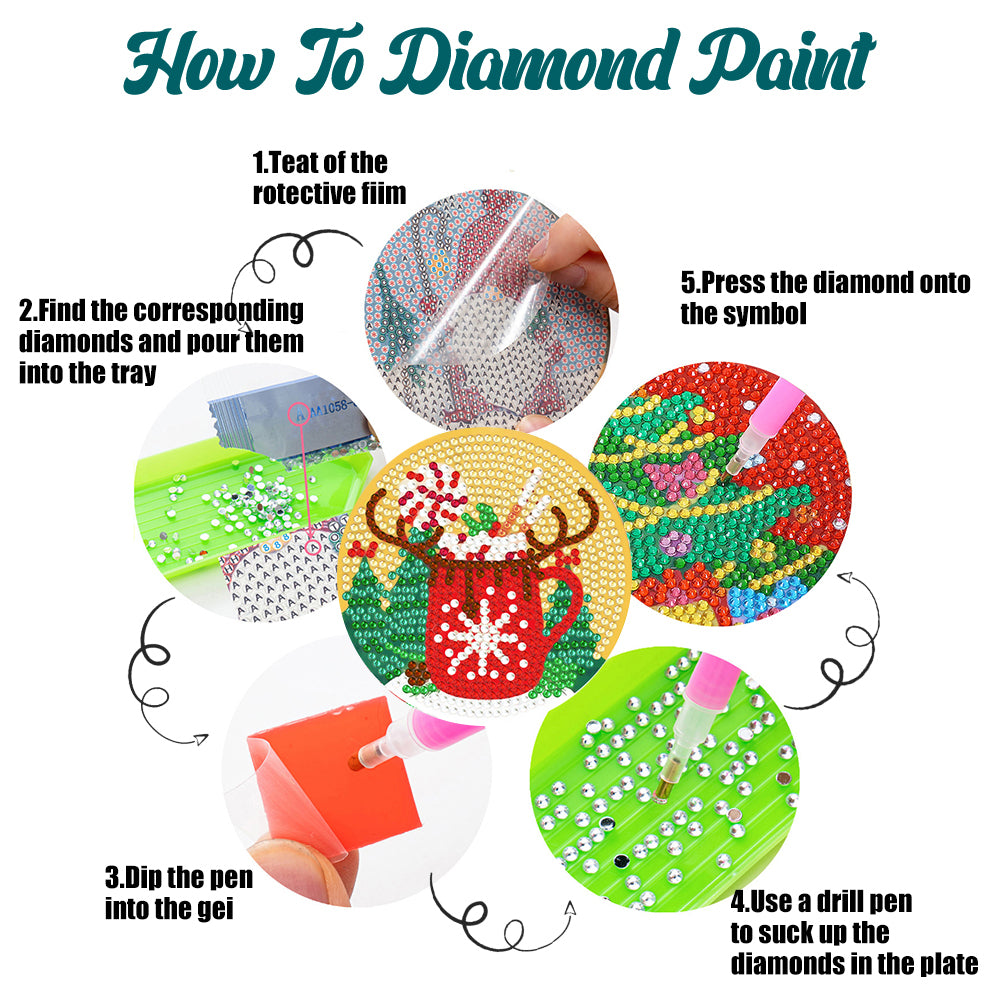 8PCS Christmas Paper Diamond Painting Art Coaster Kit with Holder for Adults(#1)