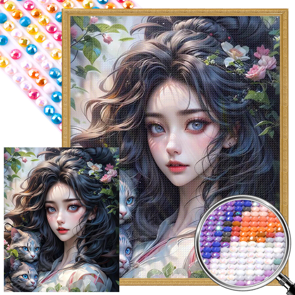 Girl And Cat - Full Round AB Drill Diamond Painting 40*50CM