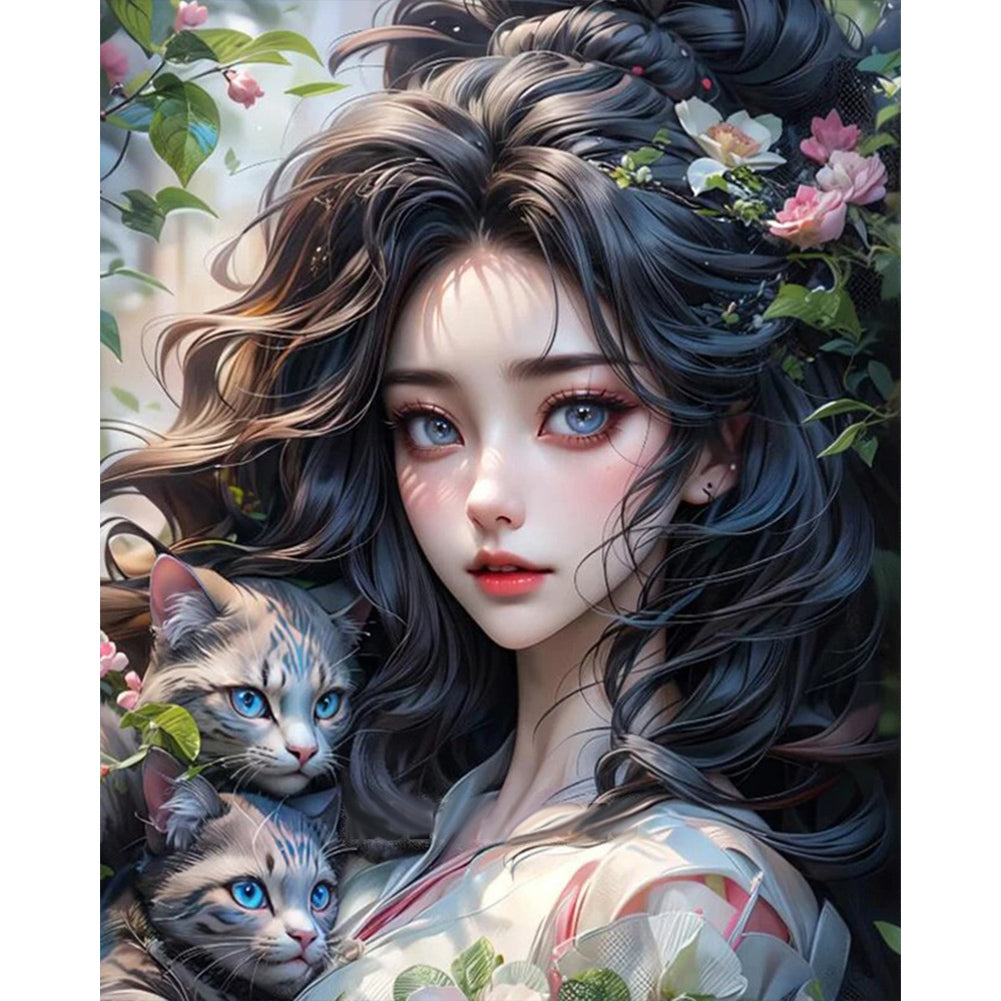 Girl And Cat - Full Round AB Drill Diamond Painting 40*50CM