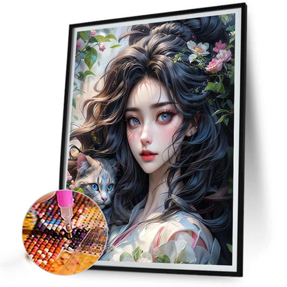 Girl And Cat - Full Round AB Drill Diamond Painting 40*50CM