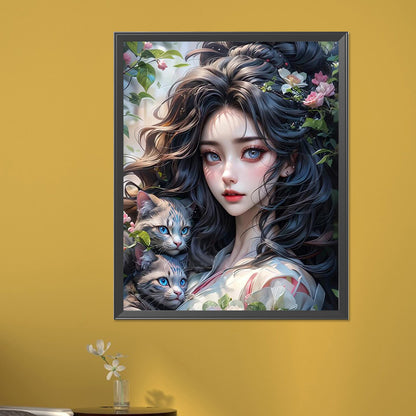 Girl And Cat - Full Round AB Drill Diamond Painting 40*50CM