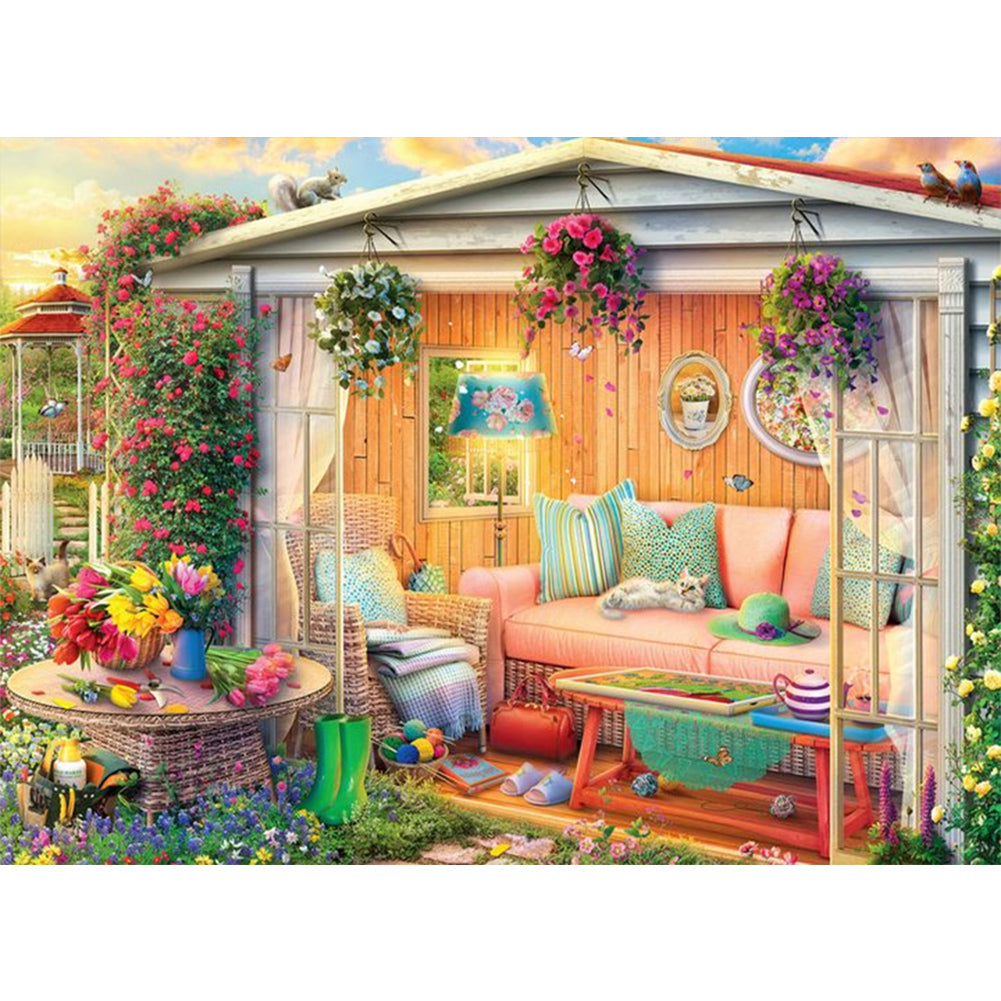 Small Garden And Cat - Full Round AB Drill Diamond Painting 55*40CM