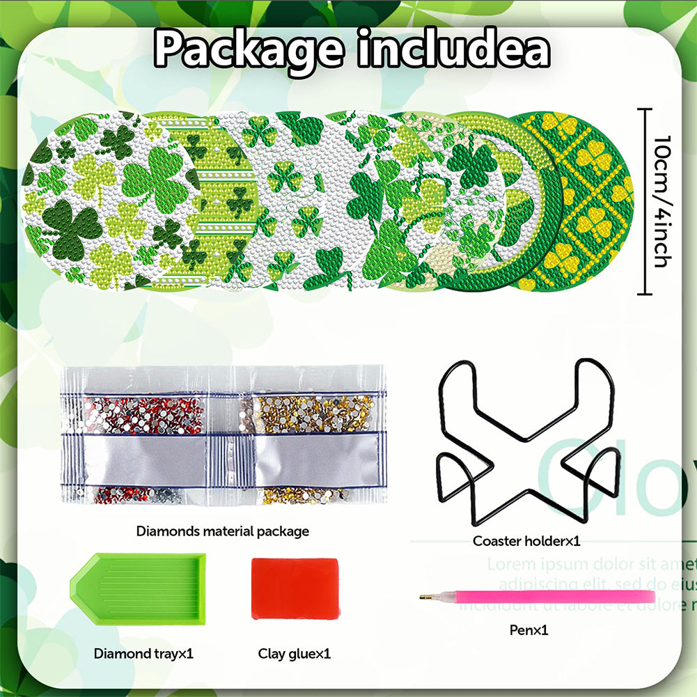 8PCS Wooden Diamond Painting Art Coaster Kit with Holder (Saint Patricks Day #1)