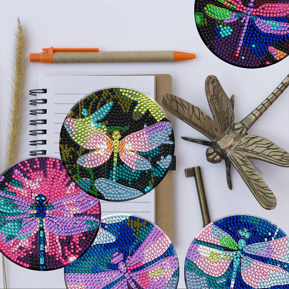 8PCS Wooden Diamond Painting Art Coaster Kit with Holder (Dazzling Dragonfly)