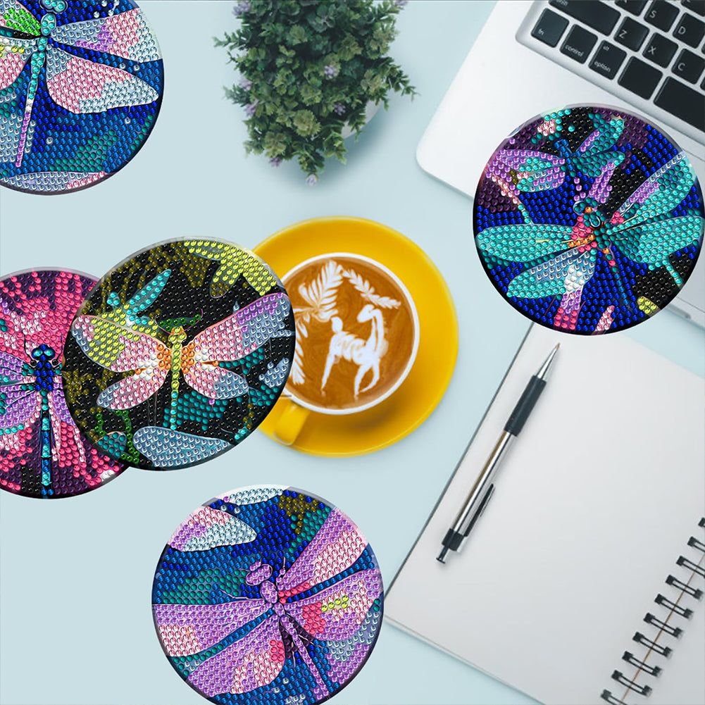 8PCS Wooden Diamond Painting Art Coaster Kit with Holder (Dazzling Dragonfly)