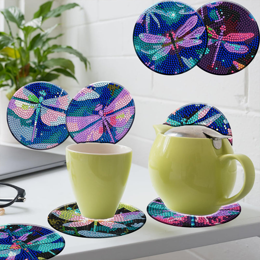 8PCS Wooden Diamond Painting Art Coaster Kit with Holder (Dazzling Dragonfly)