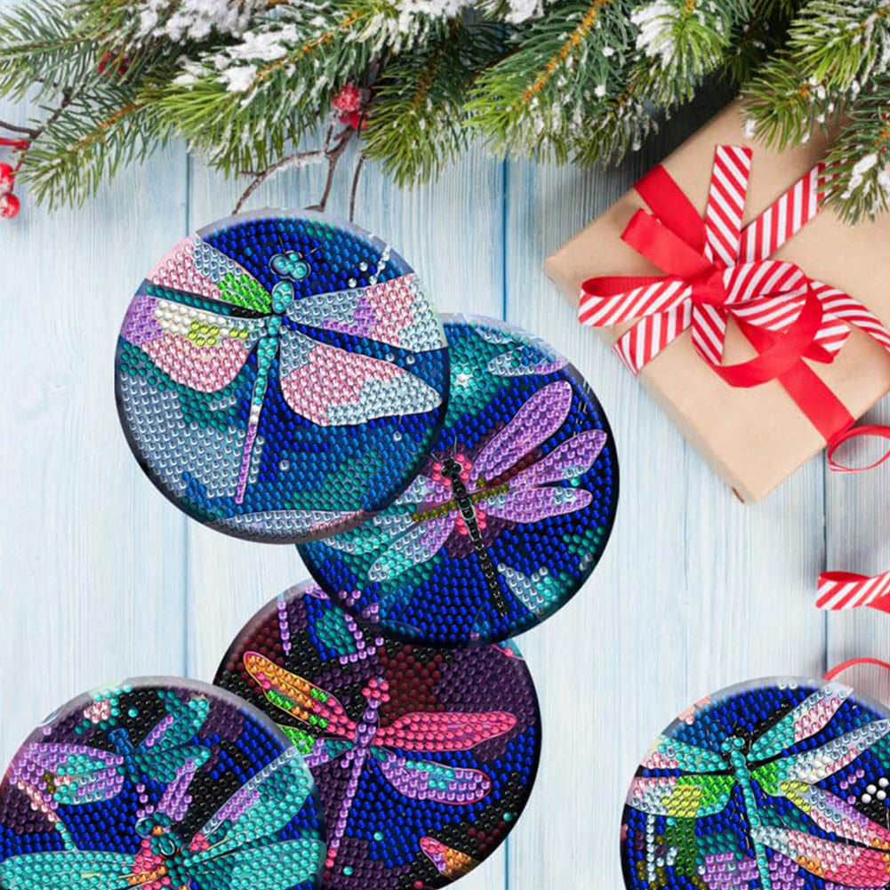 8PCS Wooden Diamond Painting Art Coaster Kit with Holder (Dazzling Dragonfly)