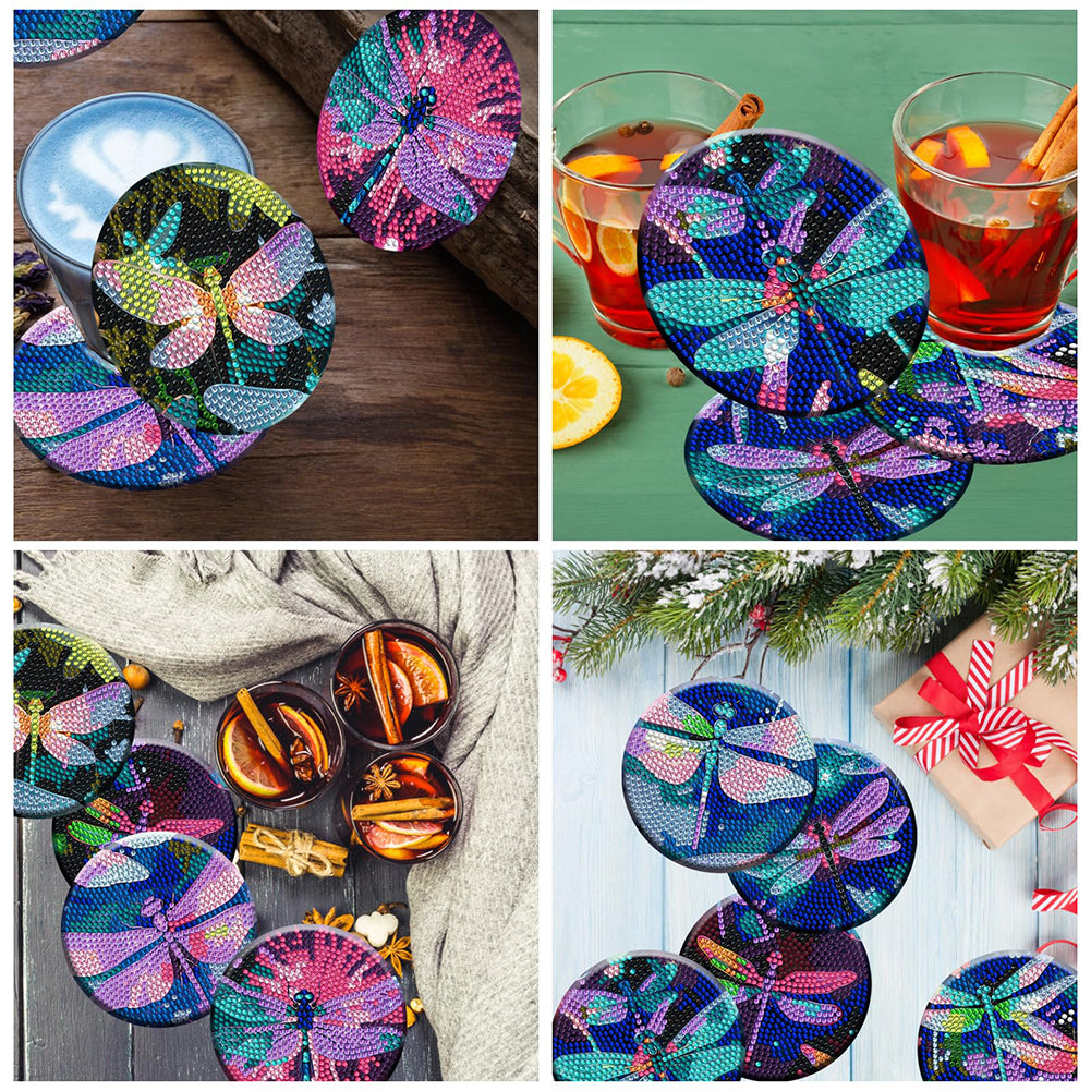 8PCS Wooden Diamond Painting Art Coaster Kit with Holder (Dazzling Dragonfly)
