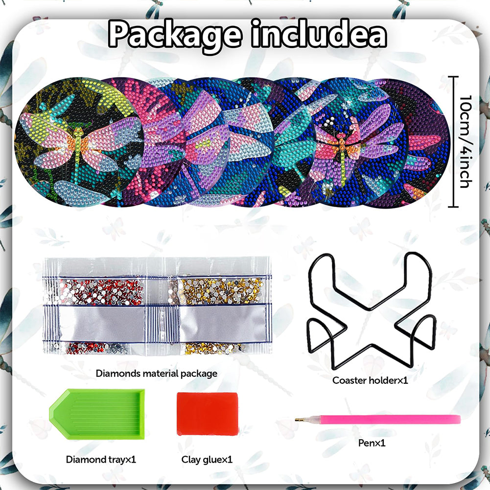 8PCS Wooden Diamond Painting Art Coaster Kit with Holder (Dazzling Dragonfly)