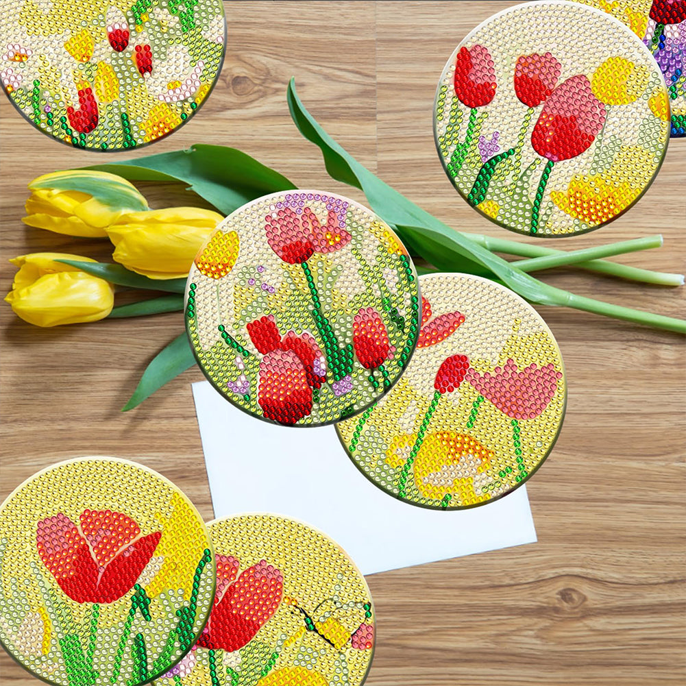 8PCS Wooden Diamond Painting Art Coaster Kit with Holder for Adults Kids (Tulip)