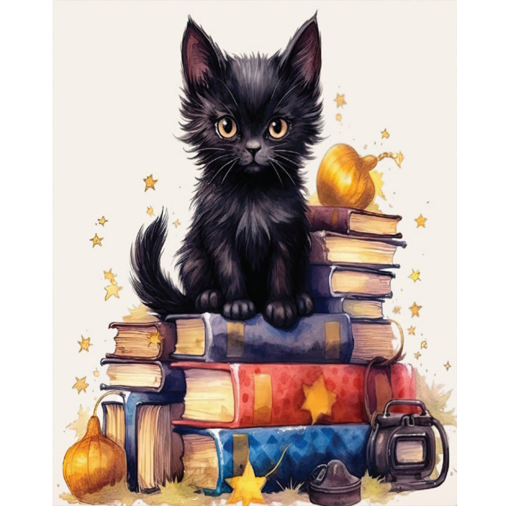 Black Cat On Book - Full Round Drill Diamond Painting 40*50CM