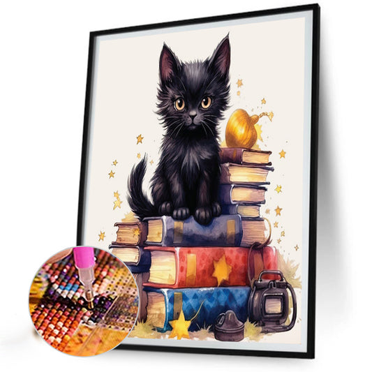 Black Cat On Book - Full Round Drill Diamond Painting 40*50CM
