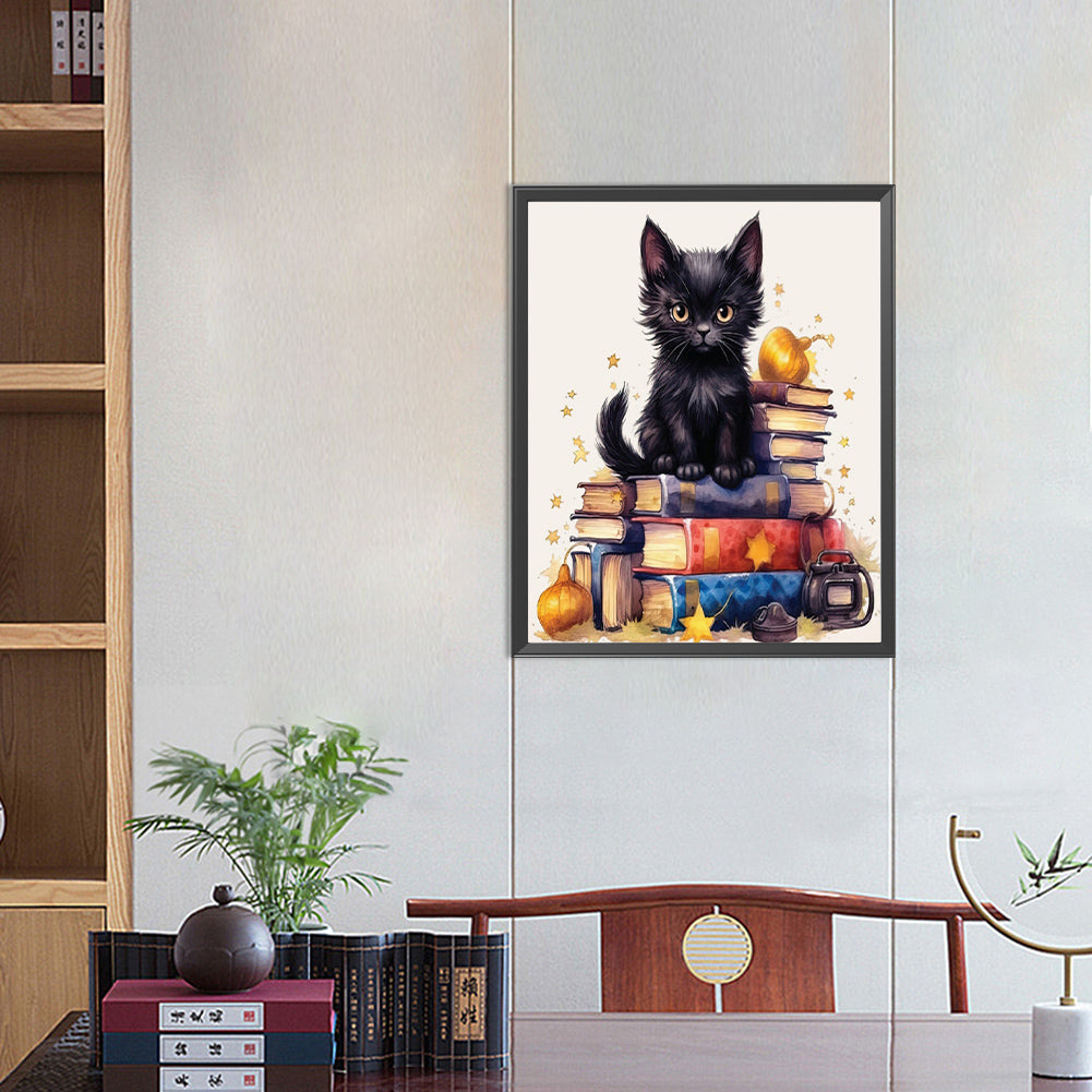 Black Cat On Book - Full Round Drill Diamond Painting 40*50CM