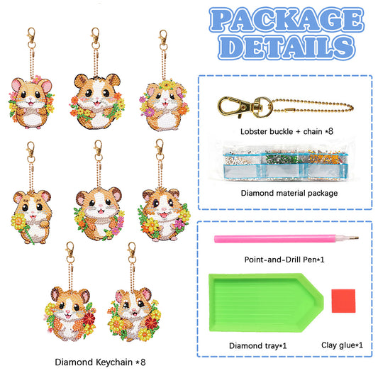 8PCS Double Sided Round Diamond Painting Art Keychain Pendant for Adult(Hamster)