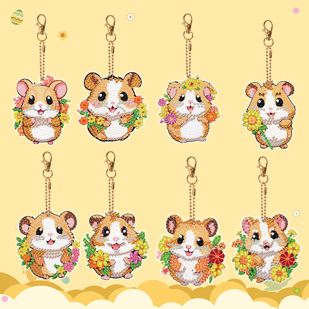 8PCS Double Sided Round Diamond Painting Art Keychain Pendant for Adult(Hamster)