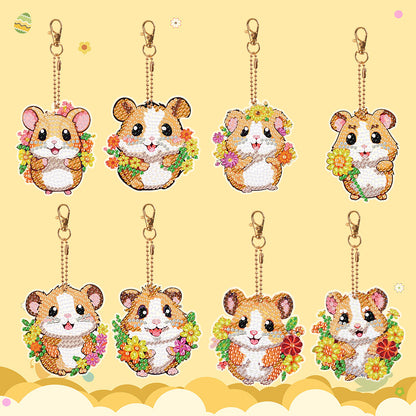 8PCS Double Sided Round Diamond Painting Art Keychain Pendant for Adult(Hamster)