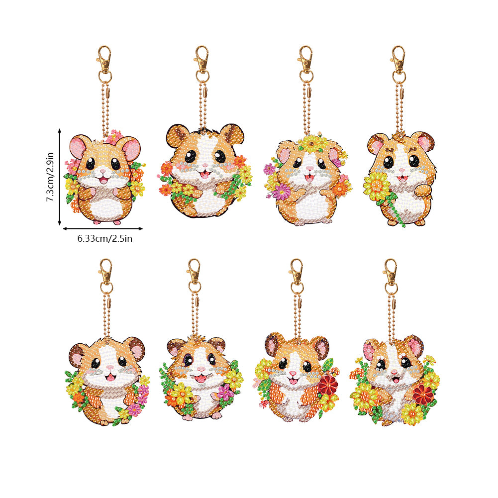 8PCS Double Sided Round Diamond Painting Art Keychain Pendant for Adult(Hamster)