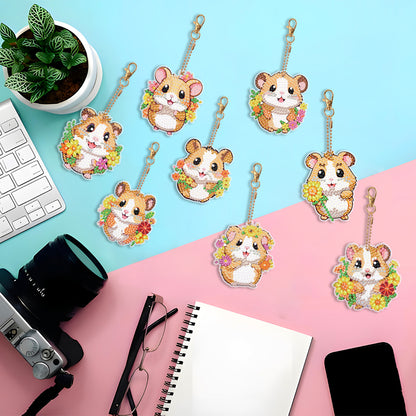 8PCS Double Sided Round Diamond Painting Art Keychain Pendant for Adult(Hamster)