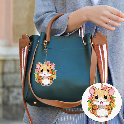 8PCS Double Sided Round Diamond Painting Art Keychain Pendant for Adult(Hamster)