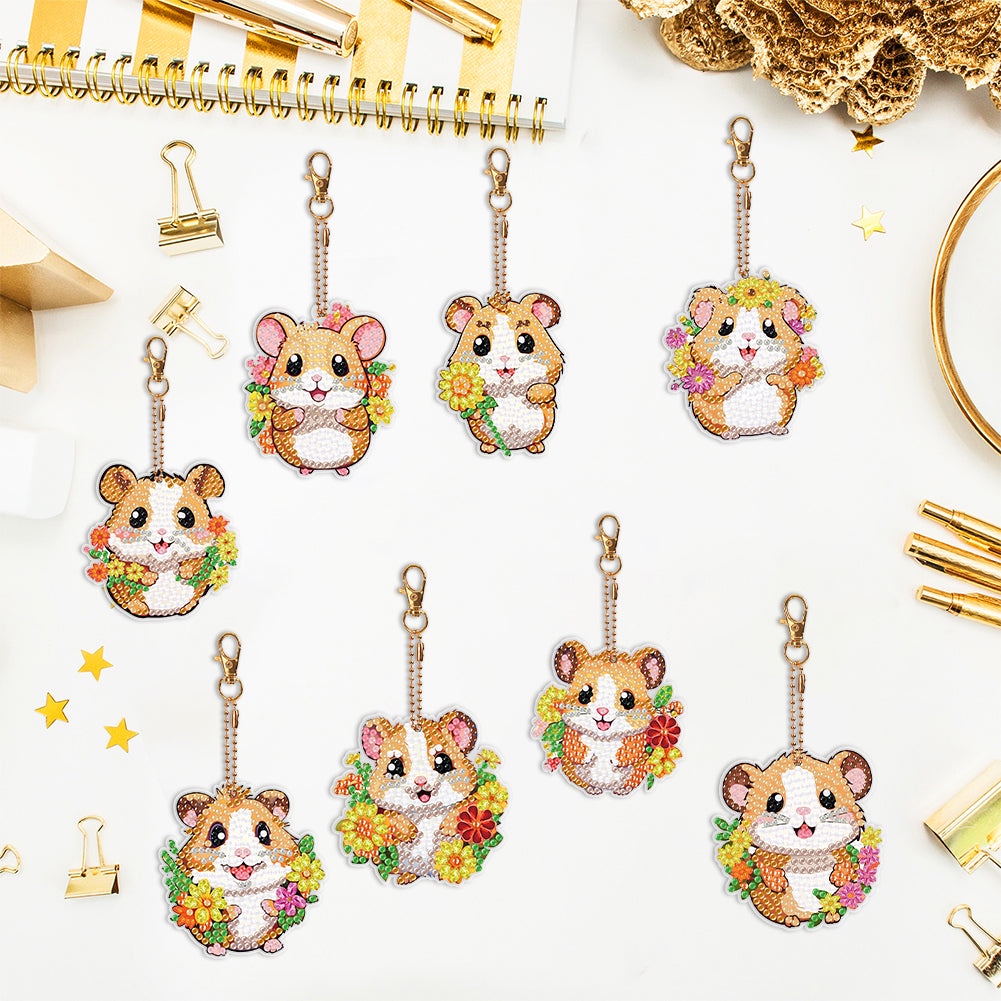 8PCS Double Sided Round Diamond Painting Art Keychain Pendant for Adult(Hamster)