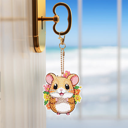 8PCS Double Sided Round Diamond Painting Art Keychain Pendant for Adult(Hamster)