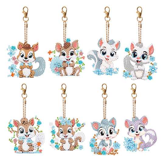 8PCS Double Sided Round Diamond Painting Art Keychain Pendant (Squirrel #6)