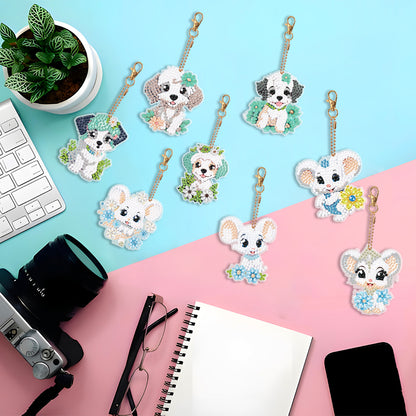 8PCS Double Sided Round Diamond Painting Art Keychain Pendant (Dog and Mouse)