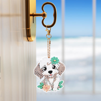 8PCS Double Sided Round Diamond Painting Art Keychain Pendant (Dog and Mouse)