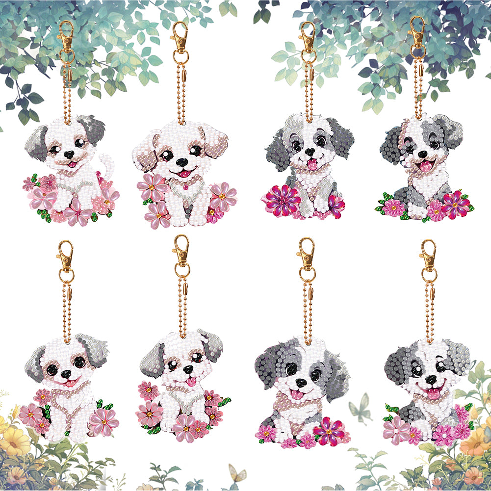 8PCS Double Sided Round Diamond Painting Art Keychain Pendant (White Dog)