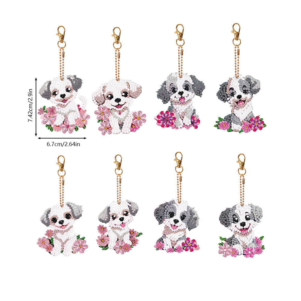 8PCS Double Sided Round Diamond Painting Art Keychain Pendant (White Dog)